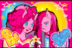 Size: 672x451 | Tagged: safe, artist:f1sh1es, pinkie pie, earth pony, anthro, g4, bust, duo, pinkamena diane pie, smiling