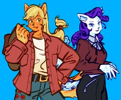 Size: 2222x1830 | Tagged: safe, artist:f1sh1es, applejack, rarity, cat, anthro, g4, :p, applecat, blue background, catified, clothes, denim, duo, jacket, jeans, pants, raricat, simple background, skirt, smiling, species swap, tongue out