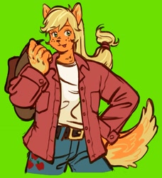 Size: 1719x1881 | Tagged: safe, artist:f1sh1es, applejack, cat, anthro, g4, :p, applecat, catified, clothes, denim, green background, jacket, jeans, pants, simple background, solo, species swap, tongue out