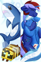 Size: 6330x9449 | Tagged: safe, artist:exobass, oc, bee, insect, pegasus, pony, shark, unicorn, blåhaj, body pillow, body pillow design, cuddling, duo, eyes closed, minecaft bee, minecraft, obtrusive watermark, plushie, shark plushie, watermark
