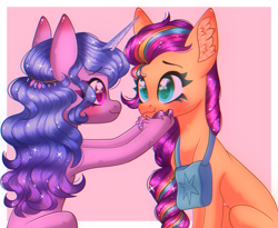 Size: 2097x1718 | Tagged: safe, artist:ssoftwishess, idw, izzy moonbow, sunny starscout, earth pony, pony, unicorn, g5, spoiler:comic, spoiler:g5comic, bag, blushing, bracelet, cloven hooves, duo, ear fluff, eye clipping through hair, eyebrows, eyebrows visible through hair, female, friendship bracelet, heart, heart eyes, jewelry, looking at each other, looking at someone, mane stripe sunny, mare, pink background, saddle bag, scene interpretation, shiny, shipping fuel, simple background, smiling, sparkles, wingding eyes
