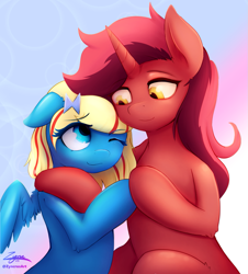 Size: 1147x1268 | Tagged: safe, artist:zyncrus, oc, oc only, oc:pure red, oc:voltage dash, pegasus, pony, unicorn, cuddling, simple background