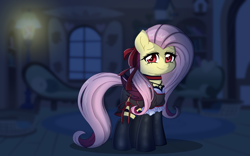 Size: 6720x4200 | Tagged: safe, alternate version, artist:darkstorm mlp, part of a set, fluttershy, pegasus, pony, g4, alternate universe, bat wings, clothed ponies, clothes, dating sim, dress, female, fluttershy's cottage, imminent sex, lamp, mare, night, ponified, red eyes, skirt, socks, solo, stockings, suggestive description, thigh highs, wings