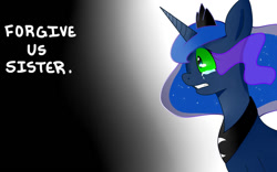 Size: 1024x640 | Tagged: safe, artist:paperkoalas, princess luna, alicorn, pony, g4, black background, crying, dark magic, ethereal hair, gradient background, gray background, jewelry, magic, peytral, solo, sombra eyes, tears of pain, tears of sadness, teary eyes, text, tiara, wavy hair, white background