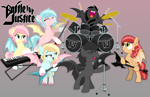 Size: 5604x3606 | Tagged: safe, artist:feather_bloom, artist:kaitykat117, oc, oc:cinazra, oc:compass rose(kaitykat), oc:echo slash, oc:linazra, oc:minazra, oc:shadow streak(kaitykat), bat pony, undead, vampire, vampony, zombie, g4, band, bass guitar, battle for justice, collaboration, drums, electric guitar, fangs, gradient background, guitar, heavy metal, keyboard, long hair, metal band, microphone, musical instrument, open mouth, piano, playing instrument, singing, spread wings, standing on two hooves, wings