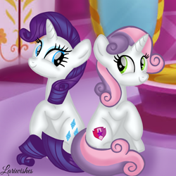 Size: 1400x1400 | Tagged: safe, artist:mlplary6, rarity, sweetie belle, pony, unicorn, g4, belle sisters, duo, female, looking at each other, looking at someone, mare, older, older sweetie belle, sibling love, siblings, sisters, sitting, smiling, smiling at each other