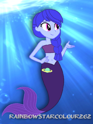 Size: 768x1024 | Tagged: safe, artist:rainbowstarcolour262, space camp, mermaid, equestria girls, g4, bare shoulders, belly button, braid, bubble, crepuscular rays, cutie mark, female, fish tail, hand on hip, mermaid tail, mermaidized, ocean, solo, species swap, strapless bra, sunlight, swimming, tail, underwater, water