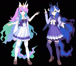 Size: 2190x1914 | Tagged: safe, artist:寄了, princess celestia, princess luna, alicorn, human, g4, anime, black background, clothes, crossover, duo, duo female, eared humanization, female, horn, horned humanization, humanized, royal sisters, siblings, simple background, sisters, socks, thigh highs, thigh socks, tracen academy school uniform, uma musume pretty derby