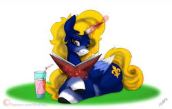 Size: 1200x764 | Tagged: safe, artist:miniferu, oc, oc only, alicorn, pony, book, magic, male, reading, simple background, solo, white background