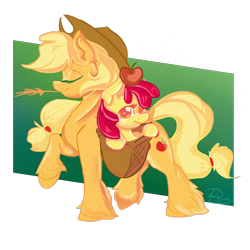 Size: 2000x2000 | Tagged: safe, artist:dankpegasista, derpibooru exclusive, apple bloom, applejack, earth pony, pony, g4, apple, apple bloom is not amused, apple sisters, applejack's hat, basket, big eyes, cel shading, colored eyelashes, cowboy hat, digital art, duo, duo female, ear fluff, eyelashes, eyes closed, female, filly, flowing mane, foal, food, full body, gradient background, green background, hair tie, happy, hat, heart, heart eyes, high res, highlights, krita, lineart, long hair, long tail, looking at you, mare, messy mane, png, pony in a basket, quadrupedal, raised hoof, shading, siblings, signature, simple background, sisters, smiling, smirk, sparkles, standing on two hooves, straw in mouth, tail, three quarter view, transparent background, unamused, unshorn fetlocks, walking, wingding eyes