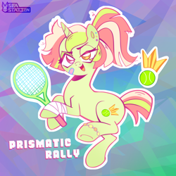 Size: 3000x3000 | Tagged: safe, artist:seasemissary, oc, oc:prismatic rally, pony, unicorn, ball, female, high res, mare, quadrupedal, solo, tennis ball, tennis racket