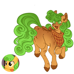 Size: 1000x1000 | Tagged: safe, artist:kazmuun, perfect pie, earth pony, pony, series:kazmuun's drawing every pony, g4, alternate design, apple family member, bandana, coat markings, colored eyelashes, colored hooves, colored pinnae, colored pupils, dorsal stripe, ear fluff, ear freckles, eye clipping through hair, eyebrows, eyebrows visible through hair, female, freckles, green eyelashes, green pupils, hooves, leg freckles, mare, missing cutie mark, neckerchief, open mouth, open smile, quadrupedal, redesign, screencap reference, simple background, smiling, solo, transparent background, turned head