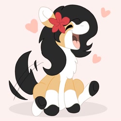 Size: 2000x2000 | Tagged: safe, artist:euspuche, oc, oc only, oc:liliya krasnyy, earth pony, pony, eyes closed, flower, flower in hair, happy, high res, open mouth, simple background, smiling, solo, tail, tail wag