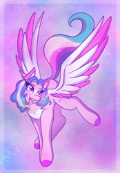 Size: 1423x2048 | Tagged: safe, artist:mscolorsplash, oc, oc only, pegasus, pony, abstract background, colored wings, female, jewelry, mare, multicolored wings, necklace, open mouth, open smile, smiling, solo, spread wings, wings