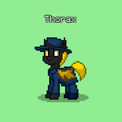 Size: 828x829 | Tagged: safe, oc, oc only, oc:thorax, changeling, ashes town, fallout equestria, changeling oc, equidae defense forces, general, green background, in old geneva, not thorax, simple background, solo, yellow changeling