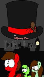 Size: 3023x5280 | Tagged: safe, artist:professorventurer, oc, oc:angel miscellaneous, oc:professor venturer, oc:wonderwolfia, pegasus, pony, spider, brother and sister, clothes, concept art, female, hat, male, siblings, stubble, the mystery duo, top hat, trenchcoat