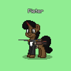 Size: 821x826 | Tagged: safe, oc, oc only, oc:gusher, oc:pieter, pony, unicorn, ashes town, fallout equestria, greaser jacket, green background, horn, in old geneva, simple background, solo, unicorn oc