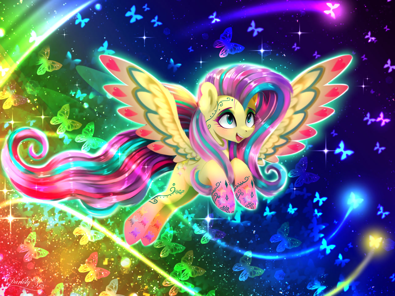 [butterfly,cute,female,fluttershy,flying,mare,open mouth,pegasus,pony,safe,solo,shyabetes,rainbow power,smiling,open smile,artist:darksly]