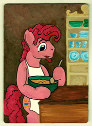 Size: 1280x1741 | Tagged: safe, artist:writtenwaiver, pinkie pie, earth pony, pony, g4, apron, baking, bipedal, bowl, bubble berry, clothes, facial hair, goatee, kitchen, rule 63, solo, spoon, traditional art