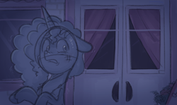 Size: 1208x721 | Tagged: safe, anonymous artist, misty brightdawn, pony, unicorn, series:misty pov, g5, bruised, bush, curtains, door, ears back, eyebrows, eyebrows visible through hair, female, floppy ears, injured, jewelry, leaning on wall, limited palette, looking at something, mane melody (location), mare, maretime bay, necklace, nervous, shaking, sneaking, solo, sweat, sweatdrops, unshorn fetlocks, window