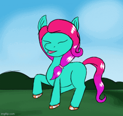 Size: 500x474 | Tagged: safe, artist:php176, derpibooru exclusive, jazz hooves, earth pony, pony, g5, animated, bush, cloud, cute, dancing, eyes closed, female, gif, hoof polish, hoofy-kicks, imgflip, jazzibetes, mare, missing accessory, no shading, open mouth, raised hooves, sky, solo, there was an attempt