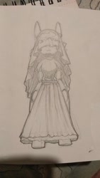 Size: 380x675 | Tagged: safe, artist:lockheart, oc, oc only, earth pony, anthro, arm hooves, clothes, dress, female, grayscale, mare, monochrome, pencil drawing, solo, traditional art, veil, wedding dress