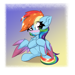 Size: 2000x2000 | Tagged: safe, artist:jubyskylines, rainbow dash, pegasus, pony, g4, :p, blushing, chest fluff, colored wings, colored wingtips, ear fluff, eye clipping through hair, female, gradient background, high res, mare, multicolored wings, raspberry, sitting, solo, sparkles, tongue out, two toned wings, wing fluff, wings