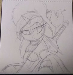 Size: 658x676 | Tagged: safe, artist:lockheart, oc, oc only, pony, unicorn, grayscale, hat, hoof hold, lidded eyes, looking at something, looking down, monochrome, pencil drawing, solo, sword, traditional art, weapon, witch hat
