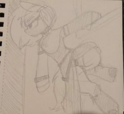 Size: 732x676 | Tagged: safe, artist:lockheart, oc, oc only, earth pony, semi-anthro, arm hooves, clothes, grayscale, hanging, monochrome, pencil drawing, solo, traditional art