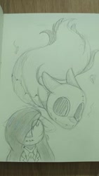 Size: 380x675 | Tagged: safe, artist:lockheart, oc, oc only, earth pony, ghost, ghost pony, pony, floppy ears, grayscale, monochrome, pencil drawing, stitches, traditional art