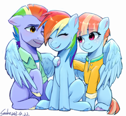 Size: 2500x2300 | Tagged: safe, artist:xiaowu07, bow hothoof, rainbow dash, windy whistles, pegasus, pony, g4, arm on shoulder, blushing, clothes, cute, dashabetes, eye clipping through hair, eyebrows, eyebrows visible through hair, eyes closed, family, father and child, father and daughter, fatherly love, female, folded wings, freckles, high res, hug, male, mare, mother and child, mother and daughter, motherly love, one eye closed, open mouth, open smile, rainbow dash's parents, signature, simple background, sitting, smiling, stallion, trio, white background, winghug, wings