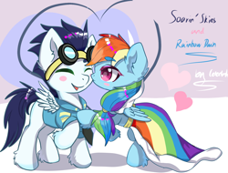 Size: 4096x3119 | Tagged: safe, artist:celedash, rainbow dash, soarin', pegasus, pony, g4, clothes, dress, female, kissing, male, mare, ship:soarindash, shipping, simple background, stallion, straight, uniform