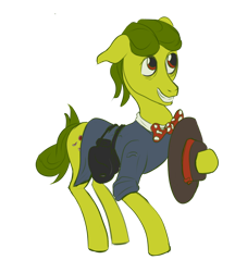 Size: 1024x1183 | Tagged: safe, artist:taffy, oc, oc only, oc:weekend hussler, earth pony, pony, fallout equestria, bag, bowtie, clothes, con artist, grin, hat, looking up, male, saddle bag, shirt, simple background, smiling, solo, stallion, tail, transparent background