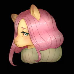 Size: 1280x1280 | Tagged: safe, artist:cutievarka, artist:ilia--art, fluttershy, pegasus, pony, g4, black background, bust, clothes, female, lidded eyes, looking at you, mare, profile, simple background, solo, turtleneck