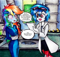 Size: 917x872 | Tagged: safe, artist:liaaqila, dj pon-3, rainbow dash, vinyl scratch, human, equestria girls, g4, catsuit, clothes, commission, goggles, headband, hypnogear, lab coat, laboratory, mind control, scientist, speech bubble, swirly eyes, tech control, traditional art