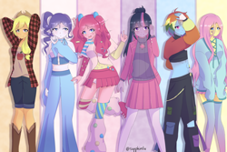 Size: 3600x2400 | Tagged: safe, artist:sapphireliv, applejack, fluttershy, pinkie pie, rainbow dash, rarity, twilight sparkle, human, g4, abs, alternate hairstyle, clothes, female, group, high res, humanized, mane six, microskirt, miniskirt, pants, pony coloring, sextet, skirt, socks, thigh highs, thigh socks