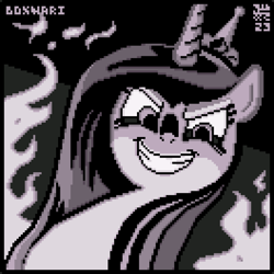 Size: 1056x1056 | Tagged: safe, artist:boxwari, princess cadance, queen chrysalis, alicorn, pony, g4, bust, disguise, disguised changeling, evil smile, fake cadance, female, fire, grin, looking at you, mare, monochrome, pixel art, signature, sinister smile, smiling, smiling at you, solo