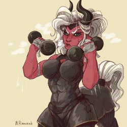 Size: 1080x1080 | Tagged: safe, artist:anoraknr, lord tirek, centaur, taur, g4, breasts, busty lady tirek, dumbbell (object), female, hand wraps, lady tirek, muscles, muscular female, rule 63, signature, solo, sweat, weight lifting, weights, workout, workout outfit