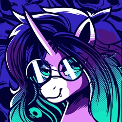 Size: 4096x4096 | Tagged: safe, artist:poxy_boxy, oc, oc only, pony, unicorn, fangs, glasses, horn, looking at you, round glasses, signature, smiling, smiling at you, solo, unicorn oc, vector