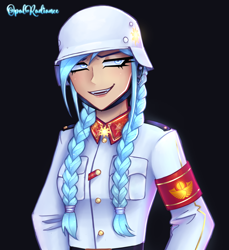 Size: 2596x2840 | Tagged: safe, artist:opal_radiance, oc, oc only, oc:opal rosamond, human, braid, clothes, dark background, helmet, high res, humanized, solar empire, solo, uniform