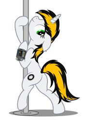 Size: 3877x5522 | Tagged: safe, artist:equestria secret guard, oc, oc only, oc:446, pony, unicorn, fallout equestria, butt, fallout, female, horn, jewelry, looking at you, mare, pipbuck, plot, pole, pole dancing, sexy, simple background, solo, stripper pole, transparent background, unicorn oc