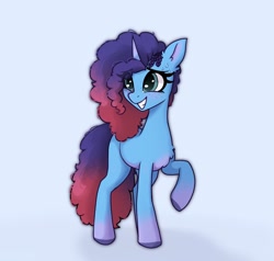 Size: 1950x1860 | Tagged: safe, artist:_alixxie_, misty brightdawn, pony, unicorn, g5, alternate design, blue background, blushing, chest fluff, coat markings, cornrows, eye clipping through hair, eyebrows, eyebrows visible through hair, female, freckles, grin, mare, nervous, nervous smile, quadrupedal, raised hoof, rebirth misty, simple background, smiling, socks (coat markings), solo, sweat, sweatdrop, toy interpretation