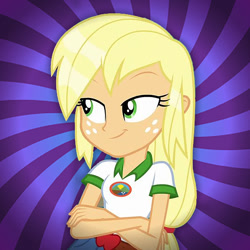 Size: 564x564 | Tagged: safe, artist:paco777yuyu, applejack, human, equestria girls, g4, beautiful, cute, everfree forest, female, green eyes, hatless, hypnotic, lake, missing accessory, solo, water, wet hair