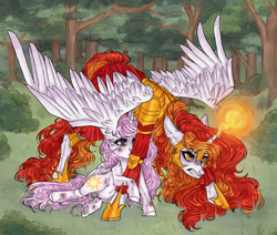 Size: 2858x2425 | Tagged: artist needed, source needed, safe, princess celestia, oc, oc:king phoenix, alicorn, pony, g4, alicorn oc, armor, cewestia, clothes, duo, fear, female, filly, filly celestia, fireball, foal, forest, guard, high res, horn, magic, pink-mane celestia, protecting, sad, wings, young celestia, younger