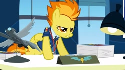 Size: 2160x1210 | Tagged: safe, screencap, spitfire, pegasus, pony, g4, wonderbolts academy, angry, annoyed, autograph, clothes, desk, drill sergeant, female, lamp, mare, necktie, needs more jpeg, office, solo, spitfire's office, spitfire's tie, suit, uniform, whistle, whistle necklace, window, wonderbolts, wonderbolts dress uniform