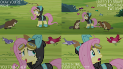 Size: 2000x1125 | Tagged: safe, edit, edited screencap, editor:quoterific, screencap, fluttershy, beaver, bird, pegasus, pony, g4, magic duel, clothes, costume, dangerous mission outfit, goggles, hoodie, solo