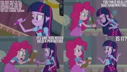 Size: 2000x1125 | Tagged: safe, edit, edited screencap, editor:quoterific, screencap, pinkie pie, twilight sparkle, human, equestria girls, g4, my little pony equestria girls, clipboard, pen