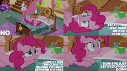 Size: 2000x1125 | Tagged: safe, edit, edited screencap, editor:quoterific, screencap, gummy, pinkie pie, alligator, earth pony, pony, g4, my little pony: friendship is magic, party pooped, balloon, bed, sugarcube corner