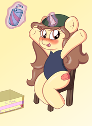 Size: 2550x3509 | Tagged: safe, artist:sparkfler85, oc, oc only, oc:hymyt, pony, unicorn, arms in the air, blushing, box, chair, clothes, drink, female, happy, hat, high res, magic, mare, one-piece swimsuit, present, simple background, sitting, solo, sukumizu, swimsuit, telekinesis