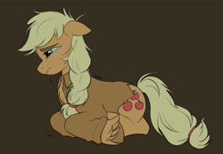 Size: 3286x2272 | Tagged: safe, artist:bearpone2, applejack, earth pony, pony, g4, brown background, crying, hatless, high res, lying down, missing accessory, prone, sad, simple background, solo, unshorn fetlocks